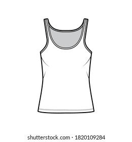 Ilustración técnica de la moda del tanque Cotton-jersey con cuello de cuchara, ajuste relajado, longitud túnica. Ropa plana básica de la plantilla de la ropa de camisón, color blanco. Mujeres hombres unisex camiseta top CAD mockup