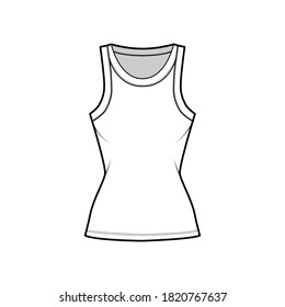 Cotton-jersey tank technical fashion illustration with fitted body, wide scoop neckline, sleeveless. Flat outwear cami apparel template front, white color. Women men unisex shirt top CAD mockup