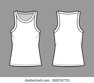 Cotton-jersey tank technical fashion illustration with relaxed fit, wide scoop neckline, sleeveless. Flat outwear cami apparel template front, back white color. Women men unisex shirt top CAD mockup