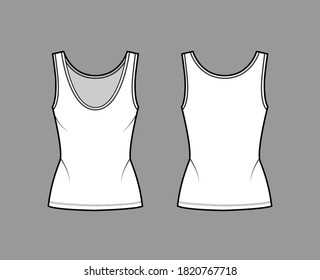 Cotton-jersey tank technical fashion illustration with fitted body, deep scoop neck, elongated hem. Flat outwear apparel template front, back, white color. Women, men unisex shirt top CAD mockup 