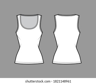 Cotton-jersey tank technical fashion illustration with slim fit, wide scoop neckline, sleeveless. Flat outwear cami apparel template front, back white color. Women men unisex shirt top CAD mockup 