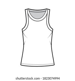 Cotton-jersey tank technical fashion illustration with relaxed fit, wide scoop neckline, sleeveless. Flat outwear cami apparel template front, white color. Women men unisex shirt top CAD mockup