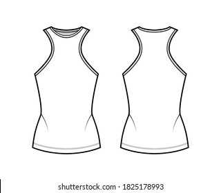 Cotton-jersey tank technical fashion illustration with racer-back straps, slim fit, elongated hem, crew neck. Flat outwear apparel template front, back, white color. Women, men unisex shirt top mockup