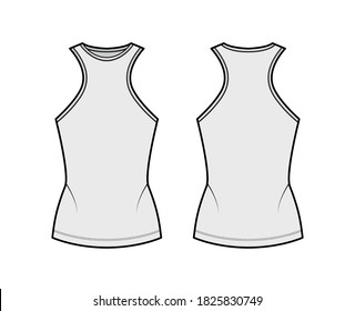 Cotton-jersey tank technical fashion illustration with racer-back straps, slim fit, elongated hem, crew neck. Flat outwear apparel template front back grey color. Women men unisex shirt top CAD mockup