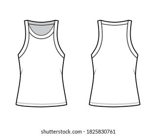 Cotton-jersey tank technical fashion illustration with relaxed fit, wide scoop neckline, sleeveless. Flat outwear cami apparel template front, back white color. Women men unisex shirt top CAD mockup