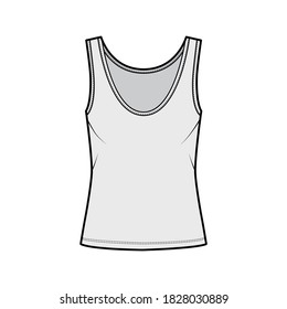 Cotton-jersey tank technical fashion illustration with oversized body, deep scoop neck, elongated hem. Flat outwear apparel template front, grey color. Women, men unisex shirt top CAD mockup 