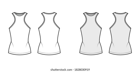 Cotton-jersey tank technical fashion illustration with racer-back straps, slim fit, elongated hem, crew neck. Flat outwear apparel template front back, white grey color. Women men unisex shirt top CAD