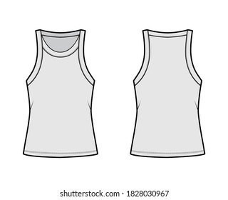 Cotton-jersey tank technical fashion illustration with relaxed fit, wide scoop neckline, sleeveless. Flat outwear cami apparel template front, back grey color. Women men unisex shirt top CAD mockup