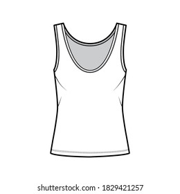 Cotton-jersey tank technical fashion illustration with oversized body, deep scoop neck, elongated hem. Flat outwear apparel template front, white color. Women, men unisex shirt top  mockup 