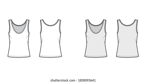 Cotton-jersey tank technical fashion illustration with oversized body, deep scoop neck, elongated hem. Flat outwear apparel template front, back, white grey color. Women, men unisex shirt top mockup 