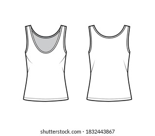 Cotton-jersey tank technical fashion illustration with oversized body, deep scoop neck, elongated hem. Flat outwear apparel template front, back, white color. Women, men unisex shirt top CAD mockup 