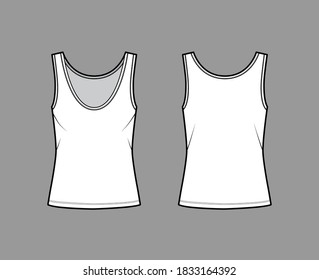 Cotton-jersey tank technical fashion illustration with oversized body, deep scoop neck, elongated hem. Flat outwear apparel template front, back, white color. Women, men unisex shirt top CAD mockup 