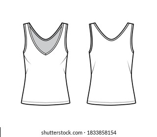 Cotton-jersey tank technical fashion illustration with oversized body, deep V-neckline, elongated hem. Flat outwear apparel template front, back, white color. Women, men unisex shirt top CAD mockup 