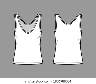 Cotton-jersey tank technical fashion illustration with oversized body, deep V-neckline, elongated hem. Flat outwear apparel template front, back, white color. Women, men unisex shirt top CAD mockup 