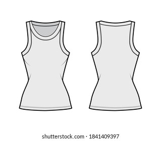 Cotton-jersey tank technical fashion illustration with fitted body, wide scoop neckline, sleeveless. Flat outwear cami apparel template front, back grey color. Women men unisex shirt top CAD mockup