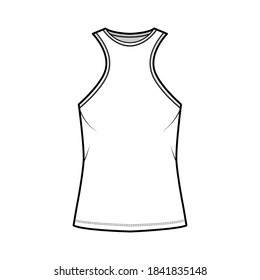 Cotton-jersey tank technical fashion illustration with racer-back straps, oversized, elongated hem, crew neck. Flat outwear apparel template front, white color. Women, men unisex shirt top CAD mockup