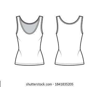 Cotton-jersey tank technical fashion illustration with fitted body, deep scoop neck, elongated hem. Flat outwear apparel template front, back, white color. Women, men unisex shirt top CAD mockup 