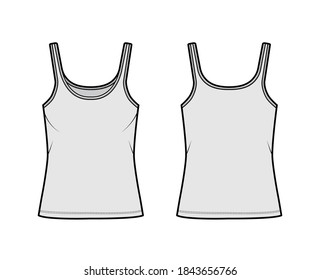 Ilustración técnica de la moda del tanque Cotton-jersey con cuello de cuchara, ajuste relajado, longitud túnica. Ropa plana de ropa básica de ropa de camisol de color gris de espalda delantero. Mujeres hombres unisex camiseta top CAD mockup