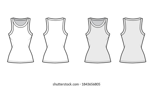 Cotton-jersey tank technical fashion illustration with fitted body, wide scoop neckline, sleeveless. Flat outwear cami apparel template front, back white grey color. Women men unisex shirt top mockup