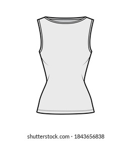 Cotton-jersey tank technical fashion illustration with slim fit, wide boat neckline, elongated hem, sleeveless. Flat outwear shirt apparel template front, grey color. Women men unisex top CAD mockup 