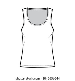 Cotton-jersey tank technical fashion illustration with relaxed fit, wide scoop neckline, sleeveless. Flat outwear cami apparel template front white color. Women men unisex shirt top CAD mockup