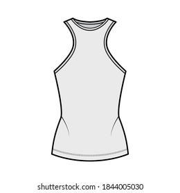 Cotton-jersey tank technical fashion illustration with racer-back straps, slim fit, elongated hem, crew neck. Flat outwear apparel template front, grey color. Women, men unisex shirt top CAD mockup