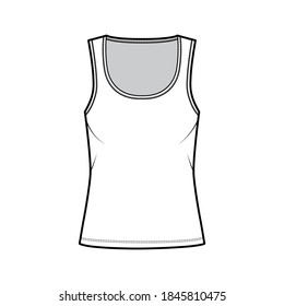 Cotton-jersey tank technical fashion illustration with relaxed fit, wide scoop neckline, sleeveless. Flat outwear cami apparel template front white color. Women men unisex shirt top CAD mockup