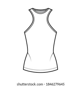 Cotton-jersey tank technical fashion illustration with racer-back straps, slim fit, elongated hem, crew neck. Flat outwear apparel template front, white color. Women, men unisex shirt top CAD mockup