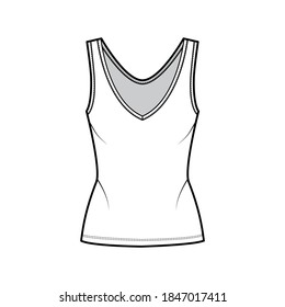 Ilustración técnica de la moda del tanque Cotton-jersey con cuerpo montado, cuello V profundo, alargado. Delantera de la plantilla de ropa de vestir de ropa de vestir plana, color blanco. Mujeres, hombres unisex camiseta top CAD mockup 