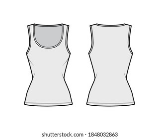 Cotton-jersey tank technical fashion illustration with slim fit, wide scoop neckline, sleeveless. Flat outwear cami apparel template front, back grey color. Women men unisex shirt top.