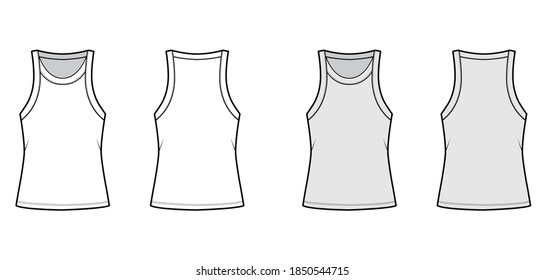 Cotton-jersey tank technical fashion illustration with relaxed fit, wide scoop neckline, sleeveless. Flat outwear cami apparel template front, back white grey color. Women men unisex shirt top mockup