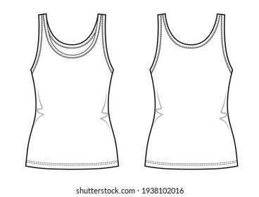 Cotton-jersey tank technical fashion illustration. Flat basic apparel template front back.