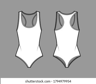 Cotton-jersey thong bodysuit technical fashion illustration with racer-back, deep U-neckline. Flat outwear one-piece apparel template front, back, white color. Women men unisex swimsuit CAD mockup. 