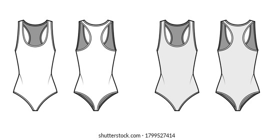 Cotton-jersey thong bodysuit technical fashion illustration with racer-back, deep U-neckline. Flat outwear one-piece apparel template front, back white grey color. Women men unisex swimsuit CAD mockup