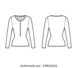 Cotton-jersey top technical fashion illustration with long sleeves, slim fit, scoop henley neckline. Flat outwear basic apparel template front, back, white color. Women, men, unisex shirt CAD mockup