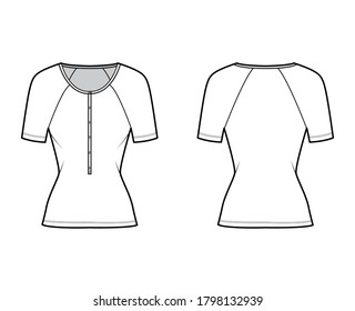 Cotton-jersey top technical fashion illustration with long raglan sleeves, slim fit, scoop henley neckline. Flat outwear shirt apparel template front, back, white color. Women, men, unisex CAD mockup