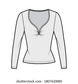 Cotton-jersey top technical fashion illustration with plunging gathered V- neckline, long sleeves, slim fit. Flat apparel blouse template front, grey color. Women, men, unisex shirt CAD mockup