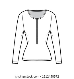 Cotton-jersey top technical fashion illustration with long sleeves, slim fit, scoop henley neckline. Flat outwear basic apparel template front, white color. Women, men, unisex shirt CAD mockup
