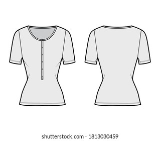 Cotton-jersey top technical fashion illustration with short sleeves, slim fit, scoop henley neckline. Flat outwear basic apparel template front, back, grey color. Women, men, unisex shirt CAD mockup