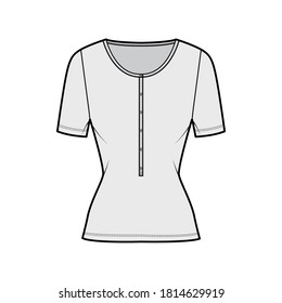 Cotton-jersey top technical fashion illustration with short sleeves, slim fit, scoop henley neckline. Flat outwear basic apparel template front, grey color. Women, men, unisex shirt CAD mockup