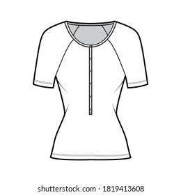 Cotton-jersey top technical fashion illustration with long raglan sleeves, slim fit, scoop henley neckline. Flat outwear shirt apparel template front, white color. Women, men, unisex CAD mockup