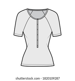 Cotton-jersey top technical fashion illustration with long raglan sleeves, slim fit, scoop henley neckline. Flat outwear shirt apparel template front, grey color. Women, men, unisex CAD mockup