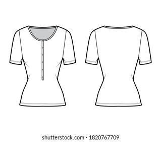 Cotton-jersey top technical fashion illustration with short sleeves, slim fit, scoop henley neckline. Flat outwear basic apparel template front, back, white color. Women, men, unisex shirt CAD mockup