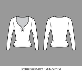 Cotton-jersey top technical fashion illustration with plunging gathered V- neckline, long sleeves, slim fit. Flat apparel blouse template front, back, white color. Women, men, unisex shirt CAD mockup