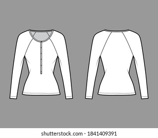 Cotton-jersey top technical fashion illustration with long raglan sleeves, slim fit, scoop henley neckline. Flat outwear shirt apparel template front, back, white color. Women, men, unisex CAD mockup