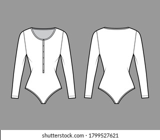 Cotton-jersey t-shirt bodysuit technical fashion illustration with long sleeves, scoop henley neck. Flat outwear one-piece apparel template front, back, white color. Women men unisex top CAD mockup. 