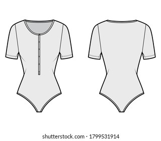Cotton-jersey t-shirt bodysuit technical fashion illustration with short sleeves, scoop henley neck. Flat outwear one-piece apparel template front, back, grey color. Women men unisex top CAD mockup. 