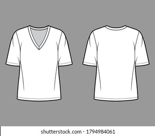 Cotton-jersey t-shirt technical fashion illustration with plunging V-neckline, elbow sleeves, oversized. Flat outwear basic apparel template front back white color. Women men unisex top CAD mockup