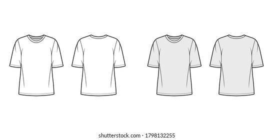 Cotton-jersey t-shirt technical fashion illustration with crew neckline, elbow sleeves, tunic length. Flat outwear basic apparel template front, back, white grey color. Women men unisex top CAD mockup