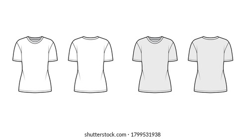 Cotton-jersey t-shirt technical fashion illustration with crew neck, short sleeves, tunic length. Flat outwear basic blouse apparel template front back white grey color. Women men unisex shirt top CAD